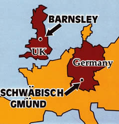 Map of Europe pointing out Barnsley and Schwäbisch Gmünd
